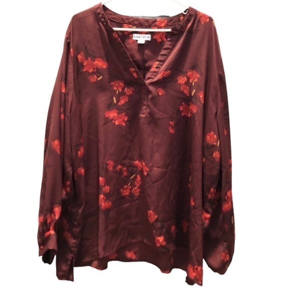 Ava & Viv Top Blouse Size L Red and Brown